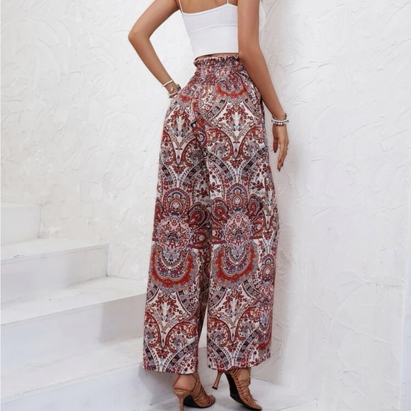 Boho Floral Paisley Print Wide Leg Palazzo Pants - Picture 2 of 7